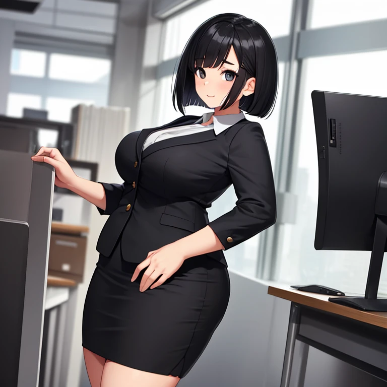 (solo 1 very skinny office lady standing in office:1.3), (swaying back), standing exactly, (arms behind back), (black business suits:1.3), (black blazer with closing chest:1.3), (white dress shirts under blazer), (bursting gigantic huge breasts:1.3), necktie, (inconceivably narrow waist:1.3), too short black skirt, slim hip, thigh gap, skinny long legs, highheels, nose blush, perfect anatomy, (orgasm), pussy juice dripping down between things