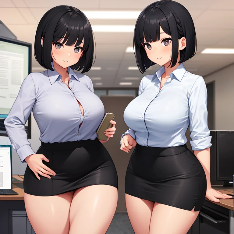 (solo 1 skinny girl standing in office:1.2), swaying back, black blazer over white dress shirts, (bursting gigantic huge breasts:1.2), necktie, inconceivably thin waist, too short black skirt, thigh gap, highheels, nose blush, perfect anatomy