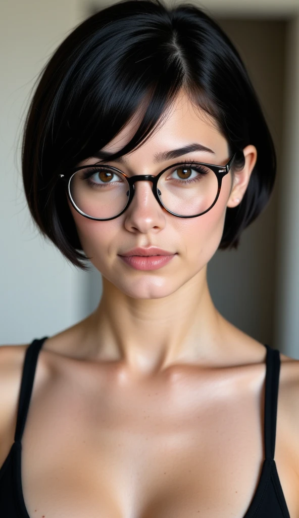 best quality, 1boy, solo, cartoon portrait , simple background, short hair, pink lips, black hair, black shirt, black glasses