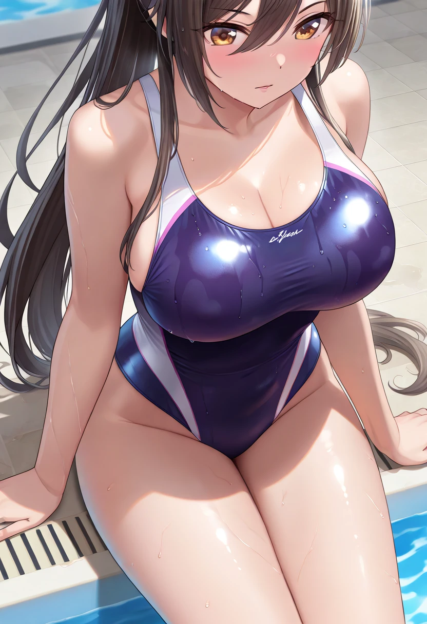 White competitive swimsuit Purple long hair Great style Large breasts blush Embarrassed School swimming pool