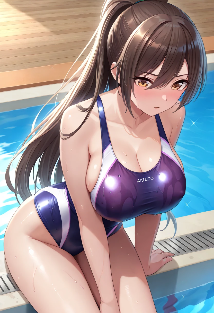 Anime art style,High resolution, high quality, One girl, Anime Girls, Brown long hair, Brown eyes, Green glasses,heart shaped pupils,Sunburned skin, Super big breasts, HH-sized breasts,beautiful breasts,(Big Ass),beautiful ass,Embarrassed,open legs, Tank top,pleats skirt, Elegant face,love struck, Dynamic pose,arms behind head,at Poolside,