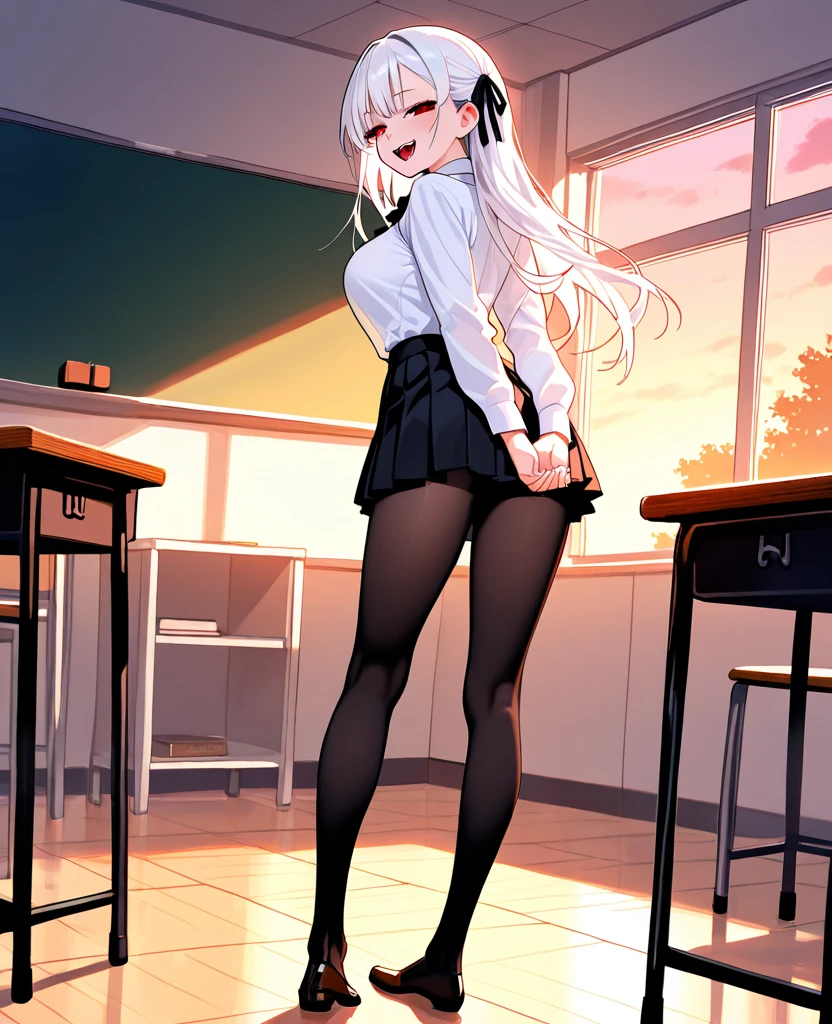 (tmasterpiece，high high quality，light grey sweater，stare，thigh boots，whaite hair，ssmile，sit on chair，Absolute realm，‎Classroom，Sitting，Crossed legs，low head，Leg details，Foot details，detail in face)