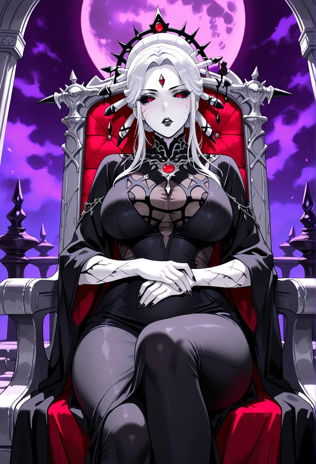 Best quality,masterpiece,a high resolution,Adult female, businesswoman, legs crossed, visible breasts apart, visible collarbone, holding staff, white hair, long hair, yellow eyes, black coat, long pant, black pant, bloodborne style, sitting on throne.