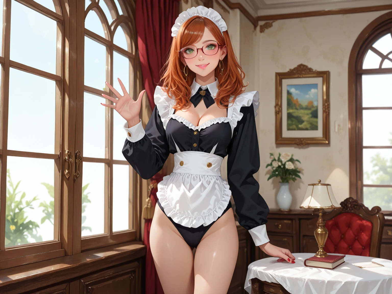 anime girl, 1 person, orange hair, glasses, Crown,maid,fox ear, Fox's tail, front view, big breasts, tights, sitting on desk,exposed chest, underwear, maid suit, shy, blushing, lifting skirt , bright sky, sitting cross-legged, high heels,exposed chest, underwear, middle-aged women, blushing, lifting skirt, showing off underwear, (full HD 4K+ image