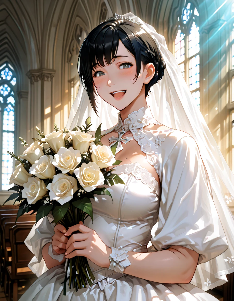 <lora:MyoukouKancolleV4-000027:1>, 1girl, solo,
myoukou \(kancolle\), hairclip,
wedding dress, bridal veil, white long gloves, bouquet, bare shoulders, church,
happy, joy,