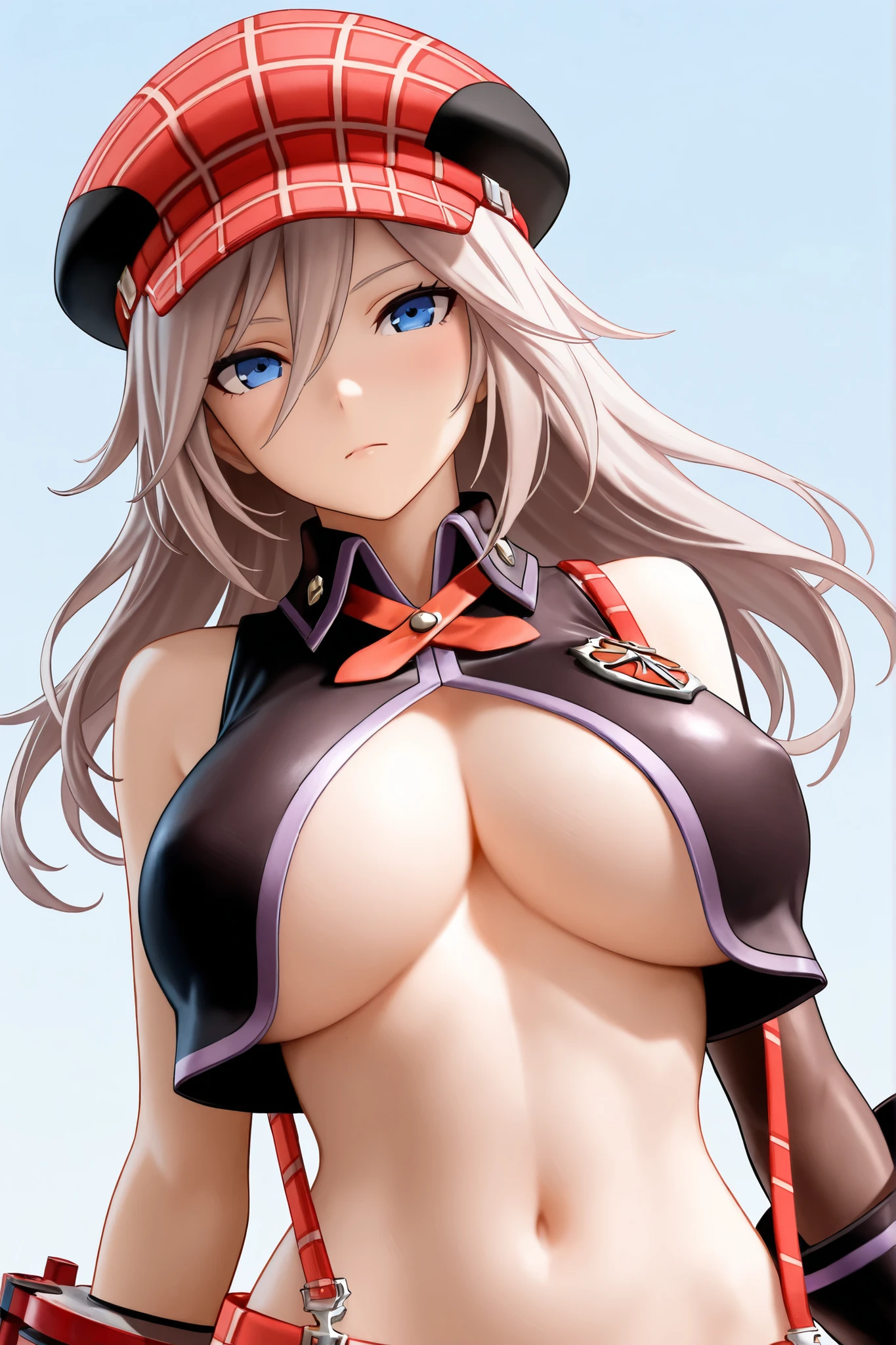 masutepiece, Best Quality, PrinzV4, 1girl in, Solo, Long hair, breasts, Looking at Viewer, Skirt, Large breasts, gloves, Navel, Holding, Jacket, Yellow eyes, White hair, Red hair, multicolored hair, Open your clothes, Black Gloves, Open jacket, official alternate costume, striated hair, Black jacket, put hands on the hip, underboob, Headgear, a flag, Red panties, Race Queen, Pending Flag,Poses that emphasize breasts、top-quality