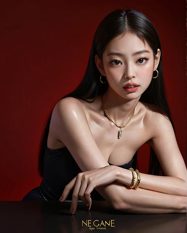 70-years-old asian woman, grandmother, Sexy face, black small bikini, big breasts,Red light,a diamond necklace,Long colorful hair,Hyper-realistic。