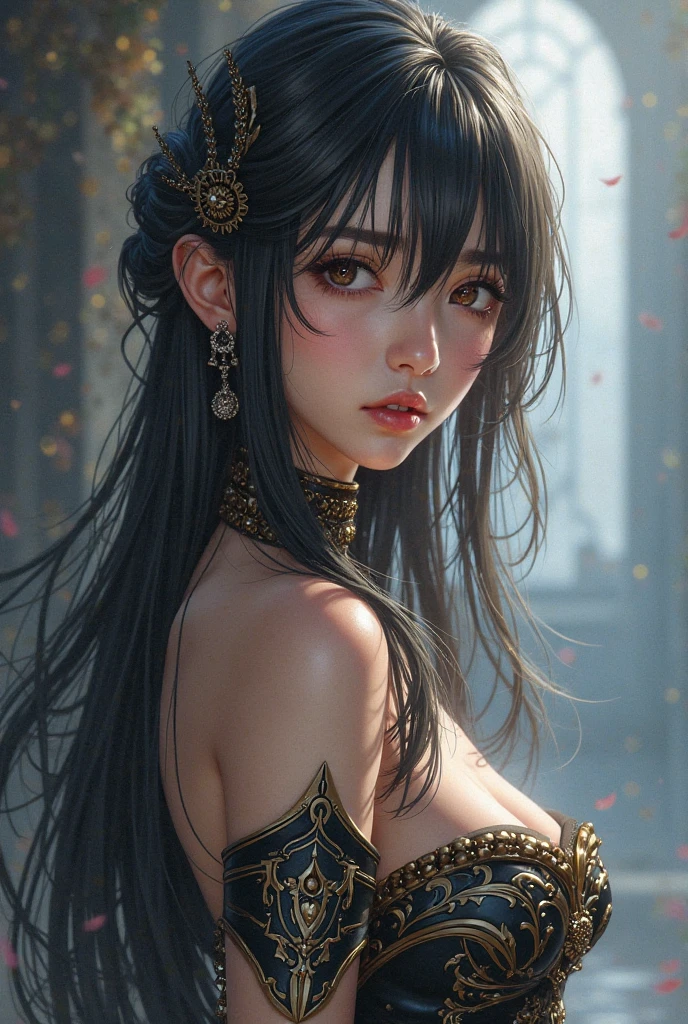 A tall girl with black hair with red highlights, with a sweet and kind face, with an hourglass figure, wearing a country dress, sitting in the meadows, portrait, highly detailed, hyper realistic, 8k, unreal engine, cinematic lighting, dramatic lighting, glowing skin, beautiful detailed eyes, beautiful detailed lips, extremely detailed eyes and face, long eyelashes, intricate details, photorealistic, masterpiece, sharp focus, ultra fine details, vibrant colors, natural lighting, golden hour, cinematic depth of field, ethereal, elegant, graceful, serene, tranquil, peaceful