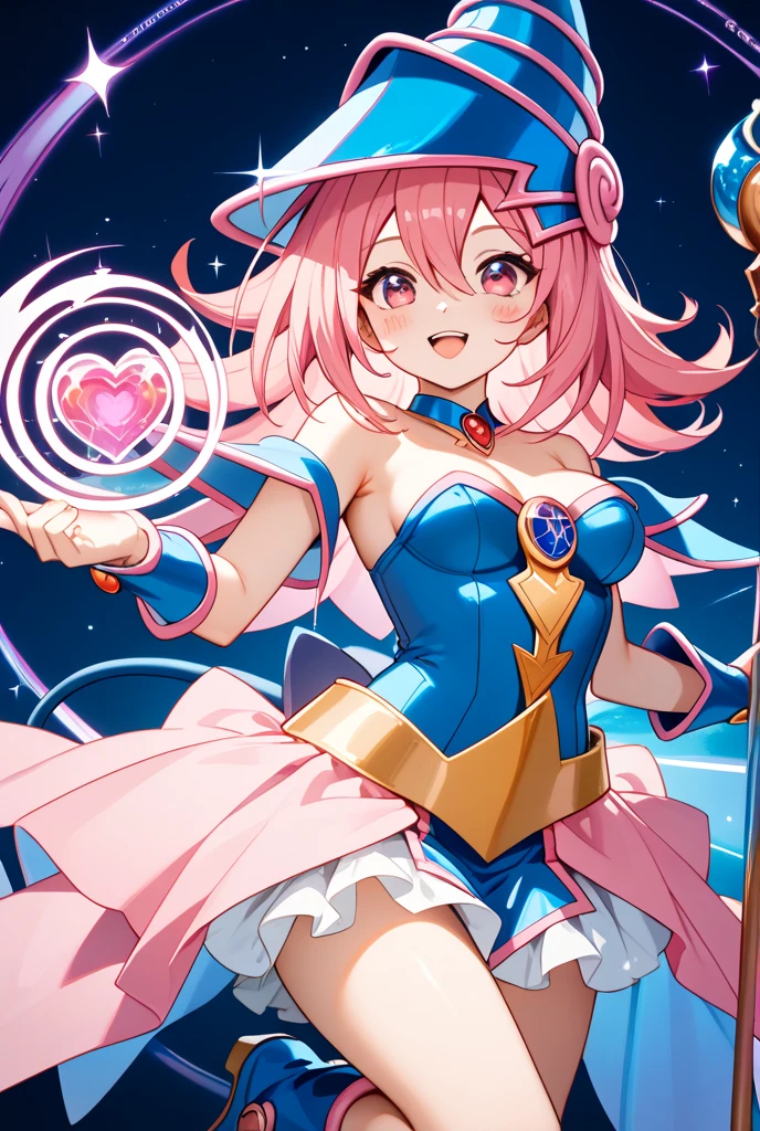 (Masterpiece:1.3), (best quality:1.2), (detailed background:1.1), (intricate details:1.1), (detailed background:1.2), 1girl, pink hair, blue eyes, medium breasts, magical girl, frills, short skirt, (micro panties:1.5), wide smile, one hand up, wand, (sparkles:1.1), (bright colors:1.1),
