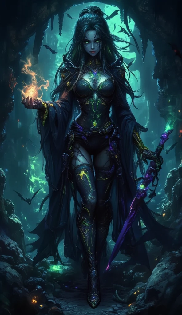 A sleek and mysterious goblin,full body, her body a fusion of nature and technology, stands amidst a digital landscape. The image is a digital painting, with vibrant colors and intricate details. Her skin is a shimmering blend of bark and circuitry, her hair a cascade of glowing vines. Her eyes, a piercing green, seem to hold secrets of the digital world. She wears a cloak of pixelated leaves, a symbol of her connection to both the natural and virtual realms. This stunning image captures the essence of a modern-day dryad, a being of both beauty and power.