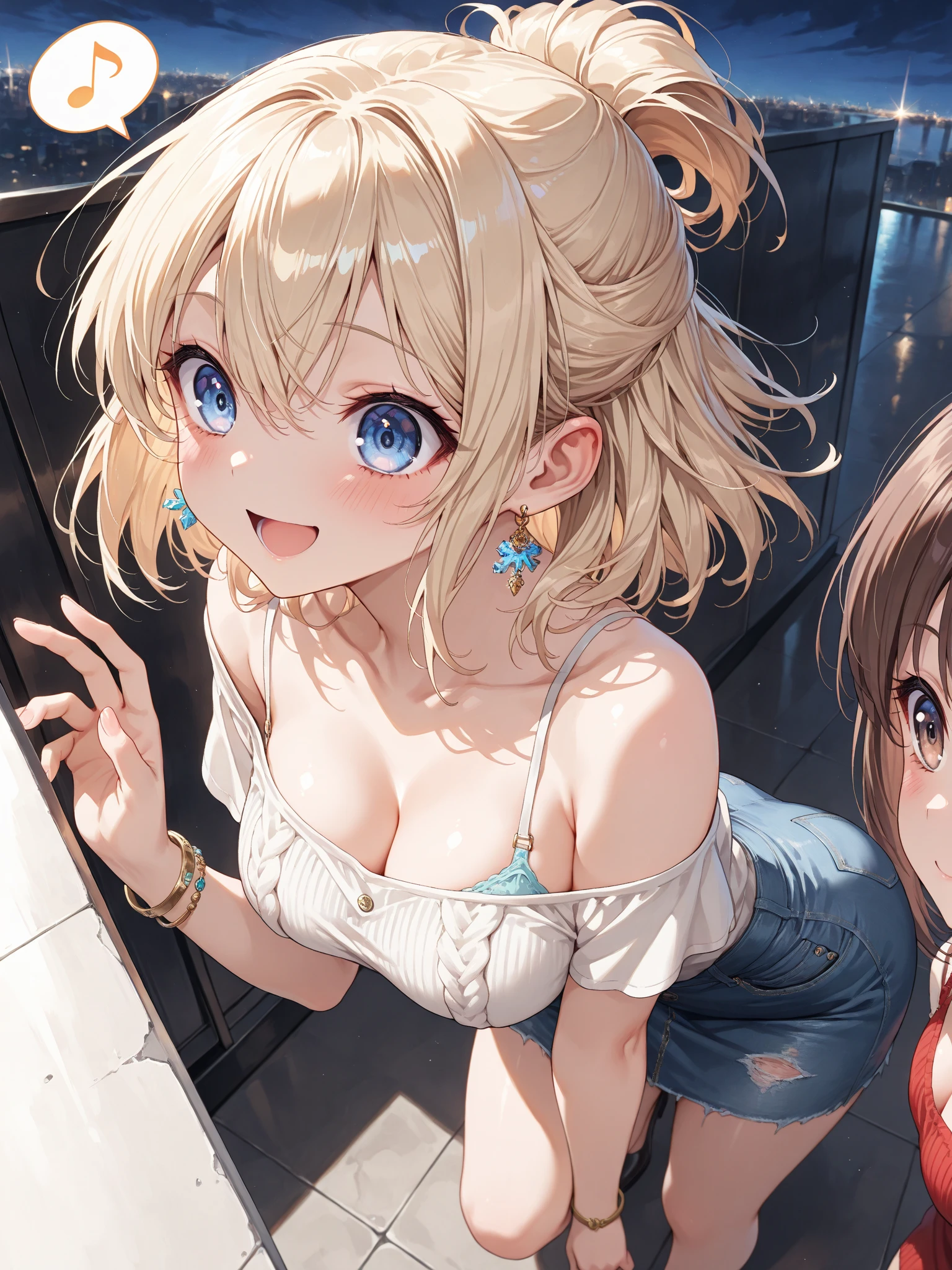 Absurd, Very detailed,Bright colors, Very beautiful and detailed anime faces and eyes, Look straight, ;d, Shiny_skin,Age 25, short hair, , Asymmetrical bangs, (Blonde short twin tails:1.4),(I wear clothes:1.7),(Bra very:1.4),Shiny hair, Delicate and beautiful face,(surprised:1.7) ,blush、blue eyes, White skin, Valletta, Earrings, necklace,(Brown sleeveless:1.2), Beautiful Clouds, Twilight Sky,