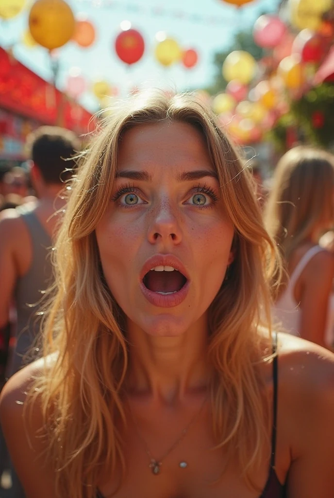a blonde girl screaming and crying, angry face, red crop top, amusement park background, big natural tits