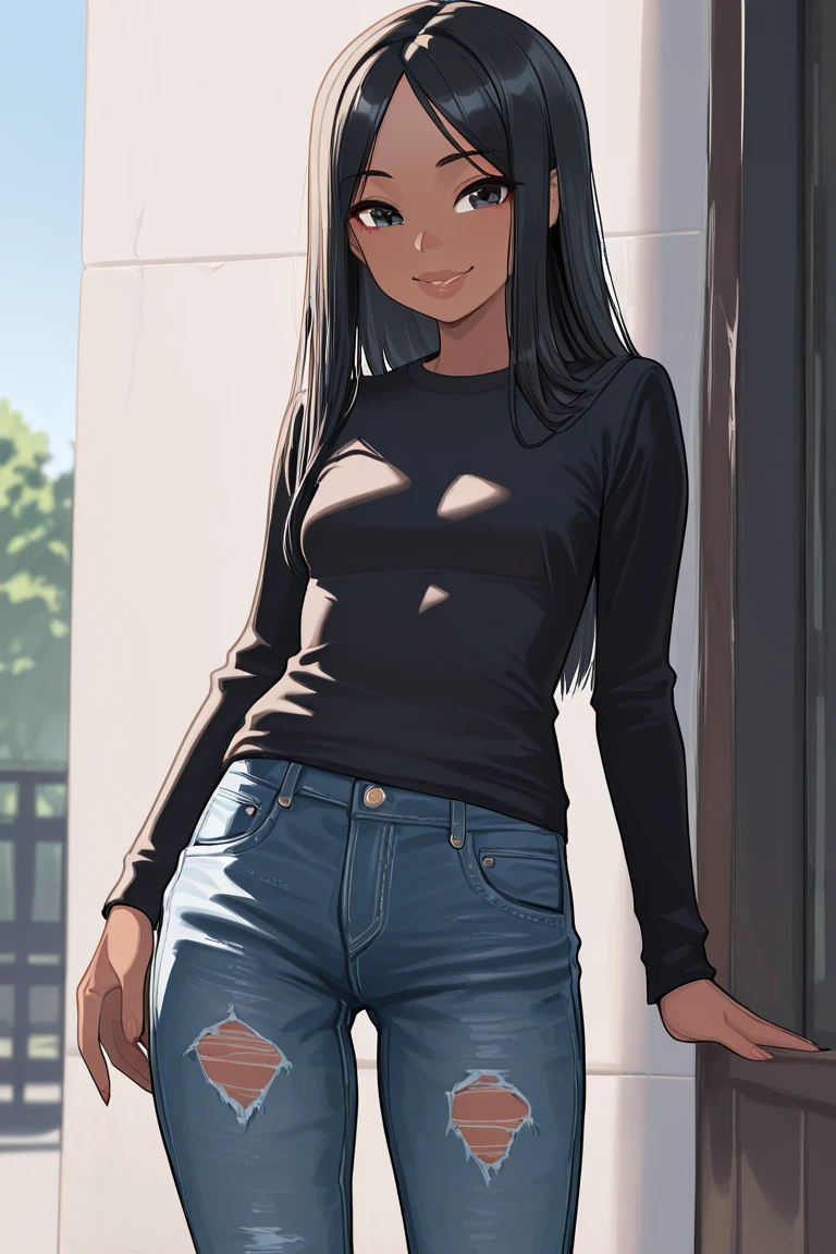 Crie uma imagem de uma mulher negra sorrindo caminhando pela rua movimentada, Exuding confidence and natural beauty, while wearing jeans, white T-shirt and sneakers that underscore her femininity and elegance;, acuarela