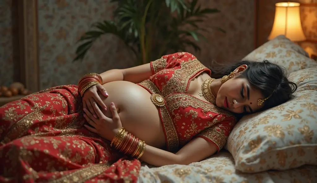 Pre Indian woman with big round in saree in home in bed with sister