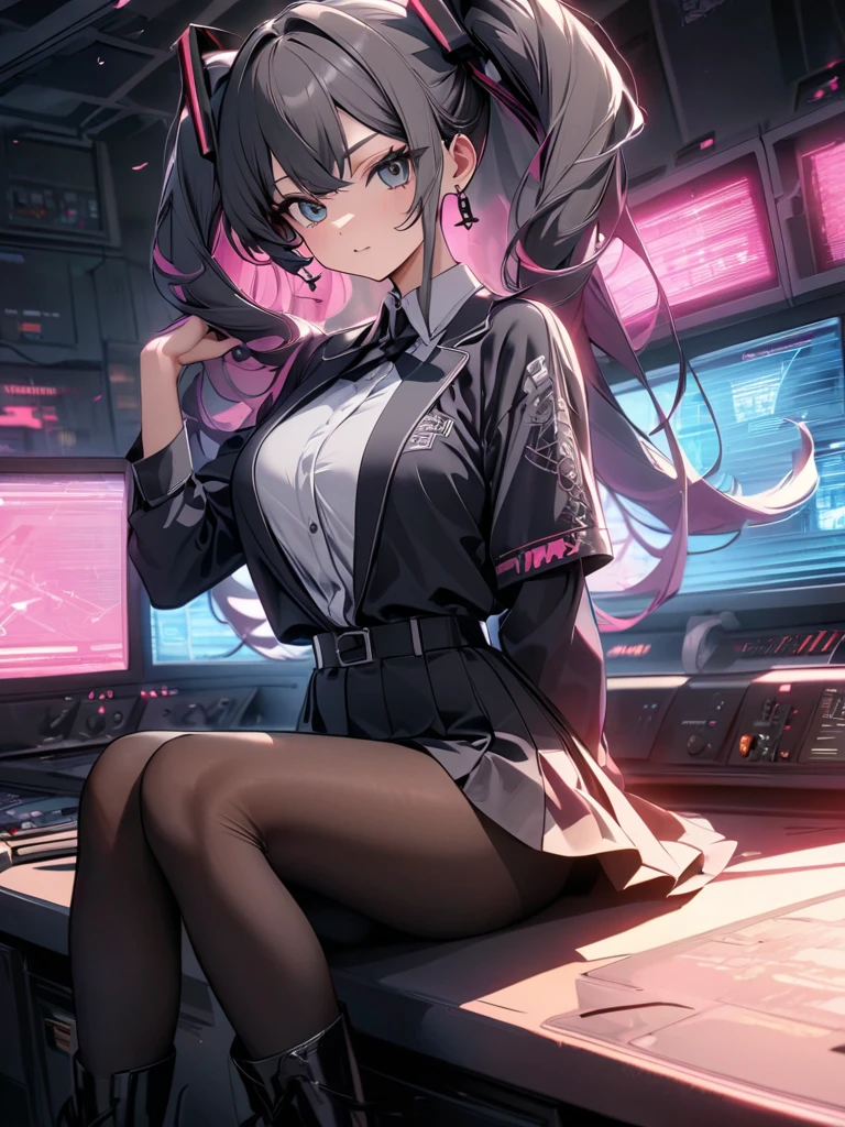 absurd solution, High resolution, (table top: 1.4), hyper detail, A young black-haired woman dressed as an engineer, blush、anxious look, neon、I'Iは非常に小さく密閉された機械制御室に座っています。.、shiny thighs