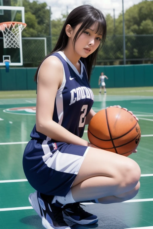 (8k, Best Quality, Masterpiece: 1.2), (Realistic, Photorealistic: 1.37), Super Detailed, Best Quality, Super High Resolution, Professional Lighting, Photon Mapping, Radiosity, Physically Based Rendering, Cinematic Lighting , basketball court, depth of field, focus, sun rays, good composition, (bokeh: 1.2), 1 girl, (whole body), (closed mouth), beautiful eyes, pose, constriction, basketball uniform, black hair , messy hair, long hair blowing in the wind,(ulzzang-6500:1.2) mix4, hiqcgbody