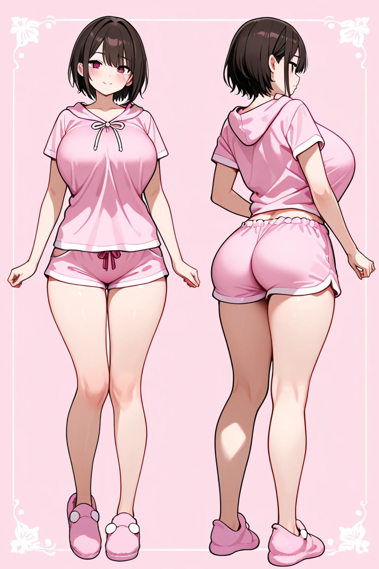 Female original character reference sheet adoptable, pink hair, (short bangs hair:1.36), detailed brown eyes, narrow waist, depth of field, 1girl, (on a background:1.3), (full body), pose, big breasts, wide hips, athletic figure, ((thigh cutout)), (((dark skin))), oily skin,
