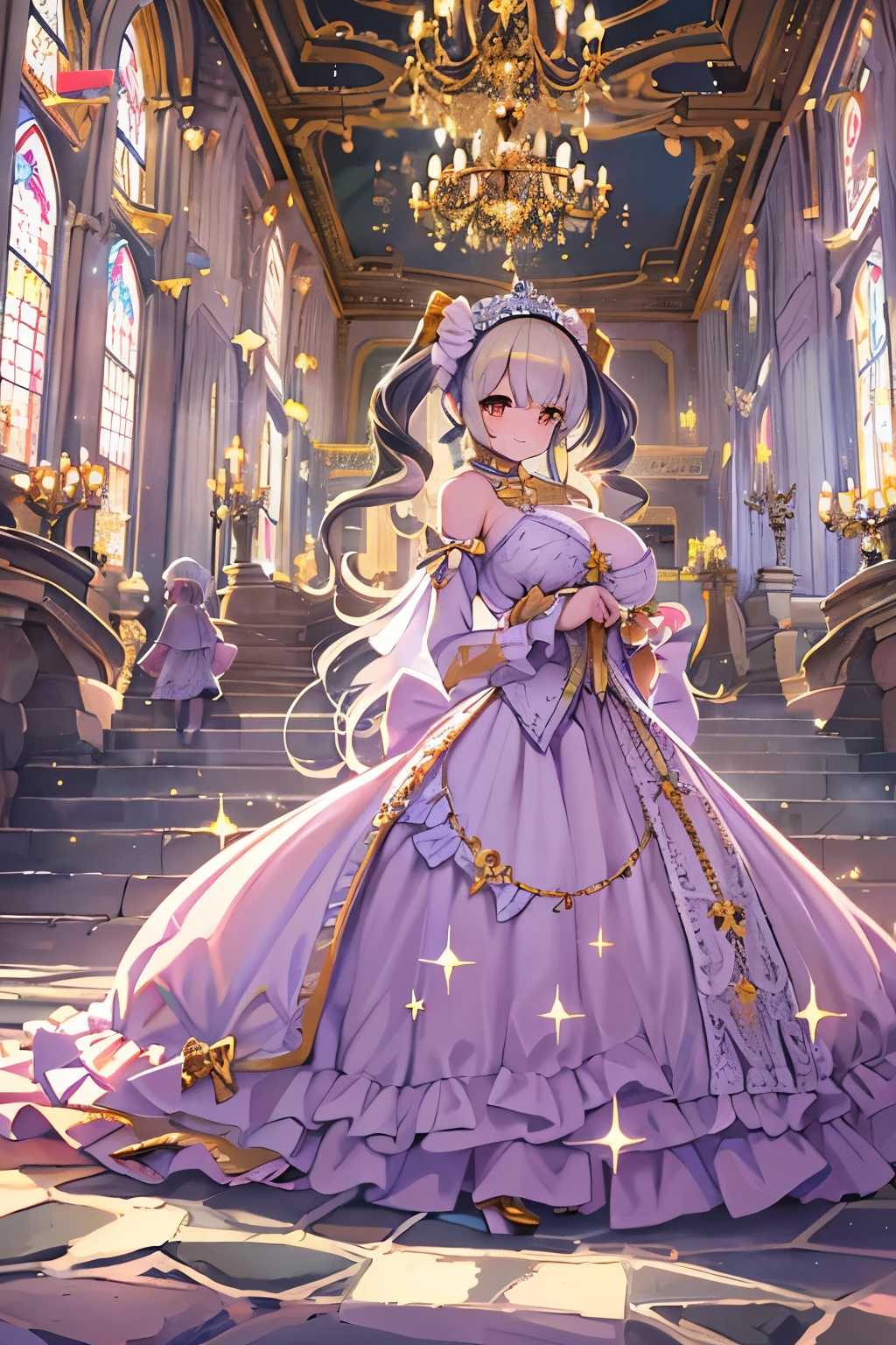 High resolution, Best Quality, masutepiece, Ultra high definition, Ultra high definition, .。.3D, Anime, Illustration, In a church、wedding hall、Two women in wedding dresses、2girls,girl1:bbw、huge-breasted、adolable,Black hair,Bob-cut hair,huging、stare、weddingdress、Girl 2:adolable,A pink-haired,Long grey hair,huge-breasted、huging、stare、weddingdress
