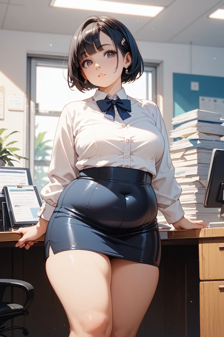 (Masterpiece、RAW photo),(highest quality),(Very detailed:1.3), slender body, (Very delicate and beautiful face), (Small beautiful eyes), 20-year-old、Japanese women、very cute, (OL, office lady, white shirt, pencil skirt:1.2)、shirt front open, (short hair, messy hair), (embarrassed)、 (looking at viewer), (Standing with legs together:1.3), (anatomically correct:1.2), Long, slender legs, hugging one’s breast softly, (pussy juice:1.4), (steam , orgasm face:1.2)