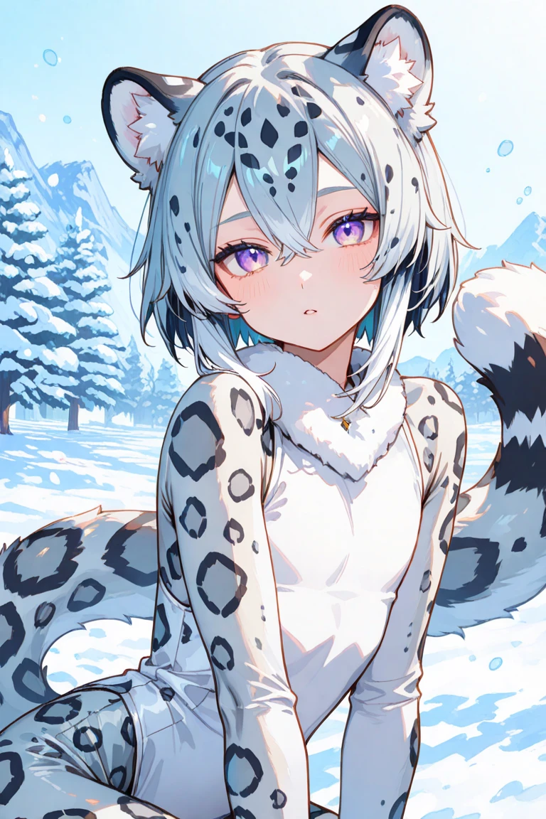 ((best quality)), ((masterpiece)), (detailed), anrthro, perfect face, female, (snow leopard), solo, 1girl, fluffy, furry, fuzzy, voluptuous, chubby, purple eyes, silver hair,