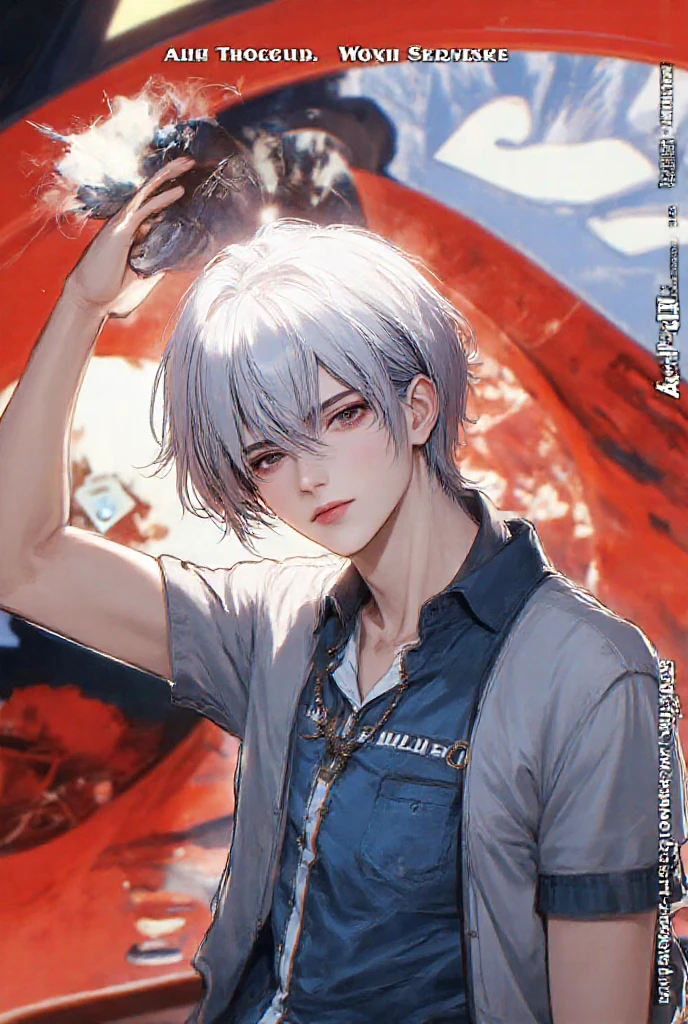 Takeshi Obata art style(absurdres, highres, ultra detailed, HDR), masterpiece, best quality, a boy, solo, handsome, short hair, white hair, finely eye and detailed face, casual clothes, real shadow, lift hand in peace sign, joyful, ear piecing,