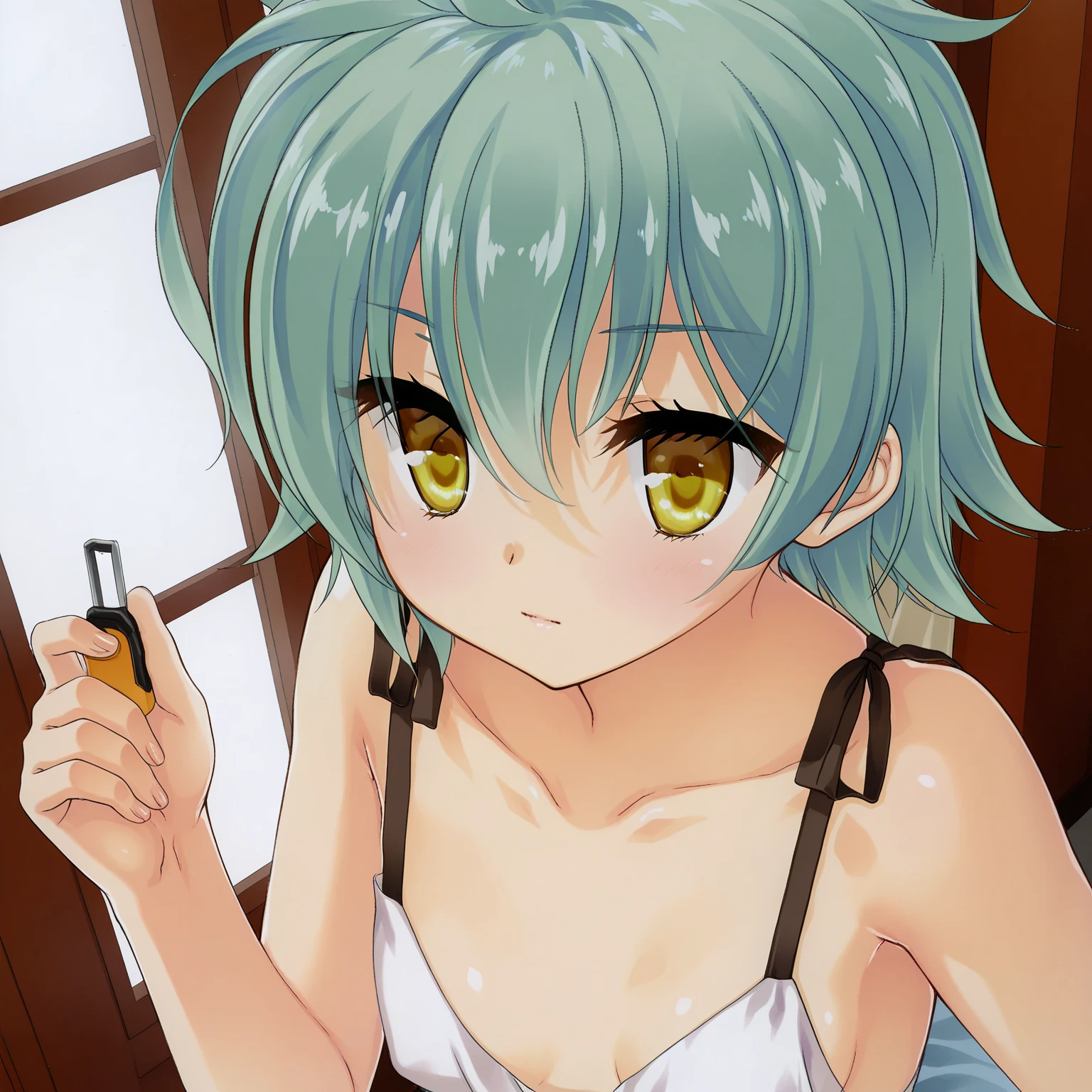 (((Highest quality,High resolution,Pixel perfect,Noise Reduction,Beautiful Anime,Smooth Skin,Glowing Skin,Soft Skin,Detailed face,1people,No text,No dialogue,No sound effects,No manga))),(((Sinon,Green Hair,short hair,Green Eyes,Hairpins in the bangs))),(((White super micro bikini,White knee-high socks,))),((front,Eyes meet,White bedroom,On all fours on the bed))