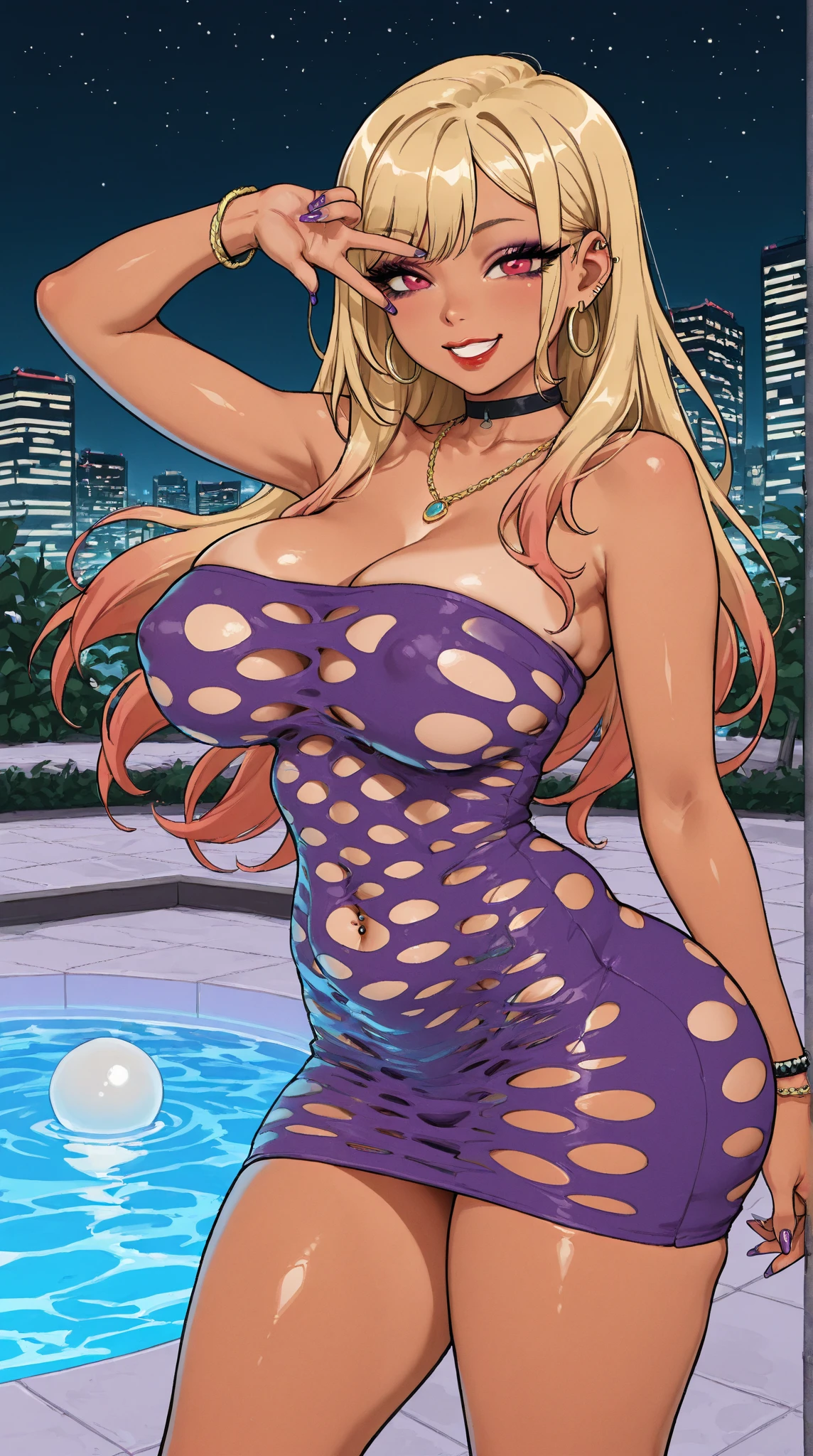 , 1girl, large brea Gigantic breasts 1.1e breasts, mature feeavy breaery long hair, goldenlight skinned female, printed dress, cropped top, thick dress, pantyhose under dress, violet scarf, o eyes , large, curvy waist, breasts resting on arms, arms under breastsng at viewer, flushed face, edges of dress, cleavage, on the street at night, full breasts, breasts lan head, face mature, curvy female