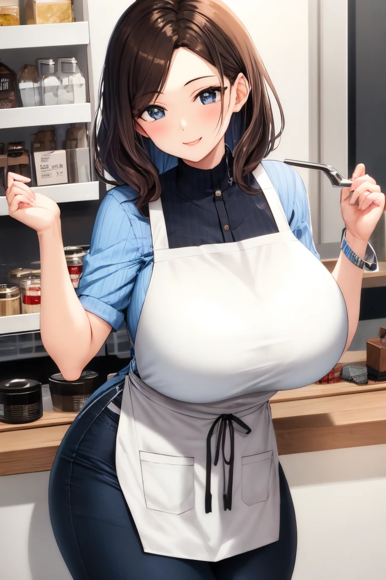 1girl, solo, A tall and beautiful mature woman, shy expression, revealing thighs and shoulders, plump body and armpit hair, big breasts, wearing a naked apron, (apron broken to reveal the body), (uncovered body: 1.4) wife, full body, in a kitchen, raised (bulge 1.4), sheer fabric, translucent fabric, wet fabric, translucent fabric, small apron, stretch apron,, shrink breasts, overflow breasts, large, thin fabric, imprint, huge breast imprint, apron too small, stretch apron, The apron stretch is too thin, (masterpiece, best quality:1.2), (HDR, ultra detailed:1.2), (extremely detailed CG:1.2), (8k:1.1), detailed background, (depth of field: 1.2), ray tracing, cinematic lighting, intense shadow, volumetric lighting, light reflection, god ray, (shiny:1.2), (photorealistic:0.8)