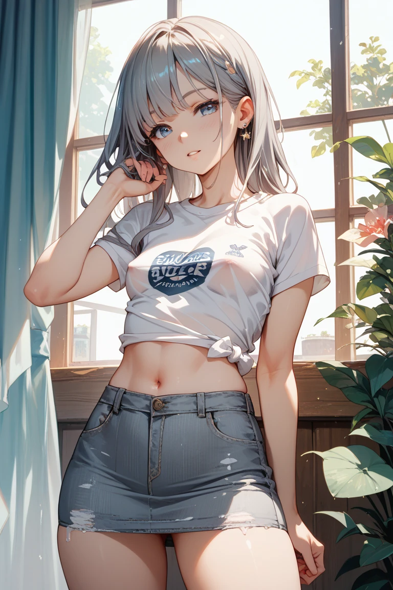 (((best quality)), ((masterpiece)), (details), masterpiece, best quality, high quality, ulutra detailed, perfect face, ((1girl, blue eyes, cat ears: 1.3 silver bob hair: 2.5,)) 、Shiny Hair、Glowing Skin、blush、Lustful look、smile、Eat large rice balls、garden、blue sky、Side Angle、Gobble、T-Shirts、I can see your toned stomach、Denim shorts、High-top sneakers、
