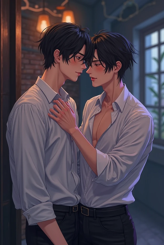 Two handsome 25-year-old men are about to kiss.。The handsome man got wet in the rain、The clothes are see-through。He is wearing a white shirt。