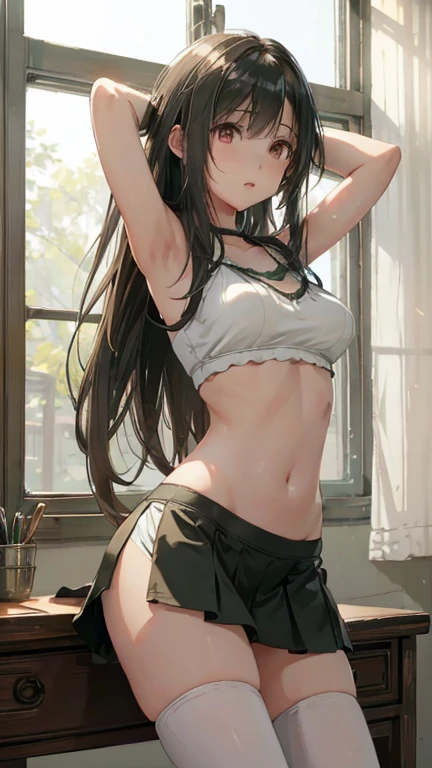masterpiece, best quality, highres, Matoba Risa, 1girl, solo, busty, flat breasts, black hair, twintail, sport bra, looking at viewer, full body, standing, simple background, (erotic pose:1.4), blush, flustered, (panties exposed:1.3), ((arms behind head, double armpits, standing)), Half body, upper body, In the middle, symmetrical, licking lips