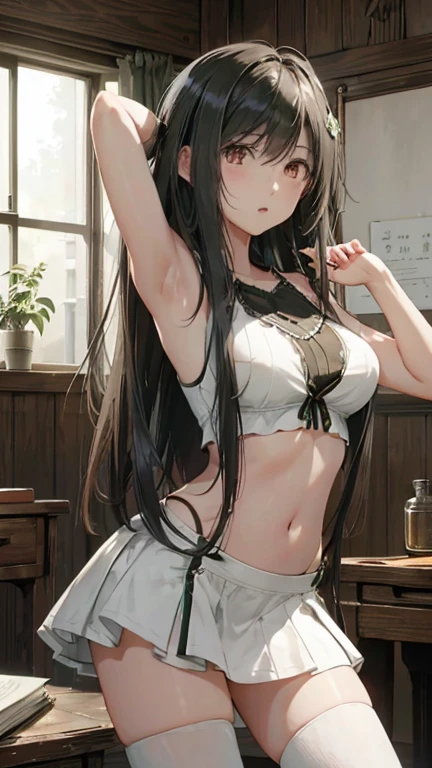 highest quality, masterpiece, High resolution, alone, {Aaron_Kantai Collection:1.15}, black_hair, length_hair, hair_ornament, hairband, Brown_eye, hairclip, blush, smile, headgear, chest, , hair_between_eye,, ((Office Background, Living Room Background))(Pastel Green Panties), (pastel green bra), (In underwear), (Flashy underwear), (lingerie), Fully nude, From behind