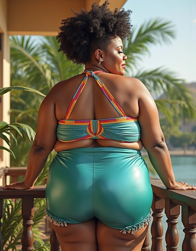 older black woman, chubby, wearing yellow and black flowery bikini, standing next to swimming pool, (((full body shots))), from back