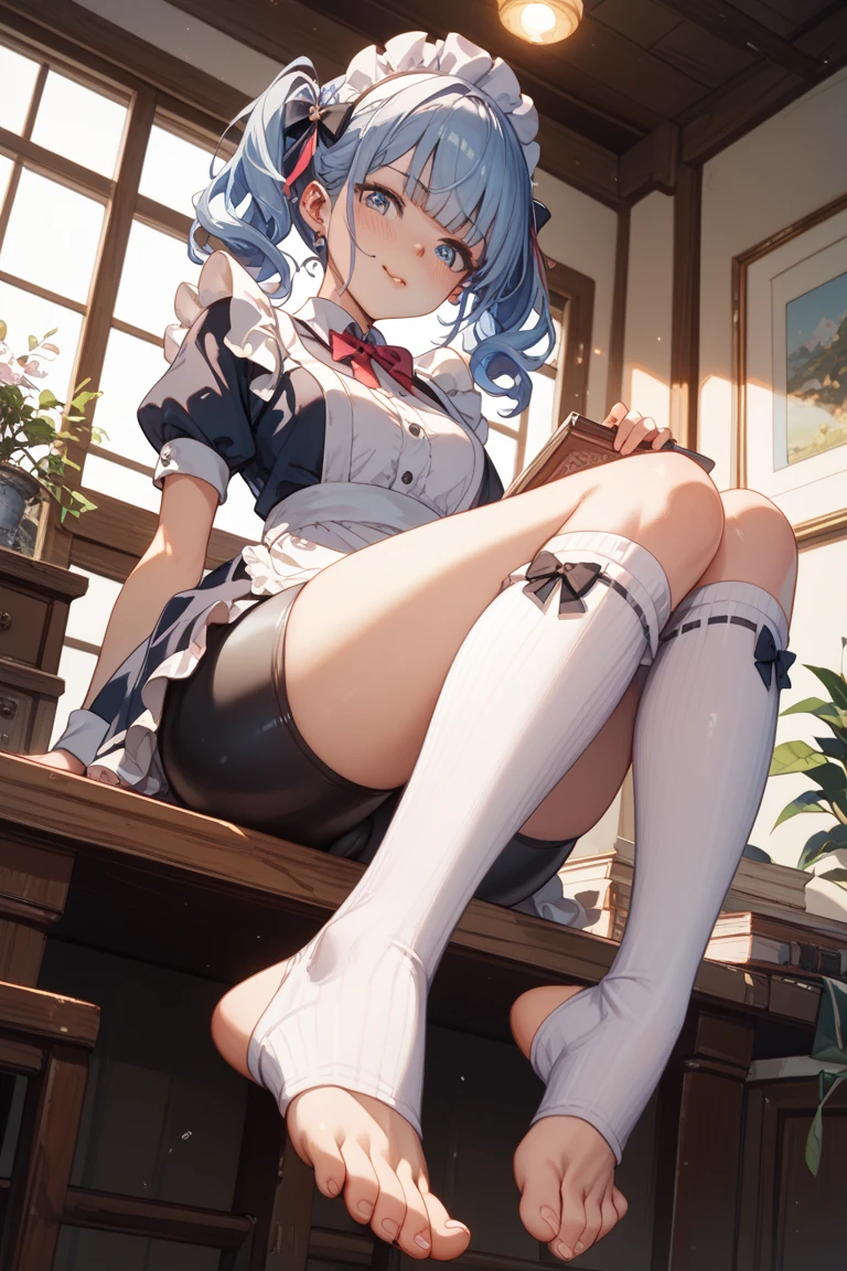 Ganyu,sitting on desk, sitting on desk,fullbody,crossed legs, large breasts,hold leash in hand, looking at viewer,mockng view,high res,high quality, masterpiece ,black tight black skirt, white shirt, black jacket,black heels, black pantyhose , pantyhose with golden lines, classroom,sfw,hold keash in hand, cold look, dominating look,look from below, acting like mistress ,carrying leash, golden lines on her pantyhose,ganyu pantyhose