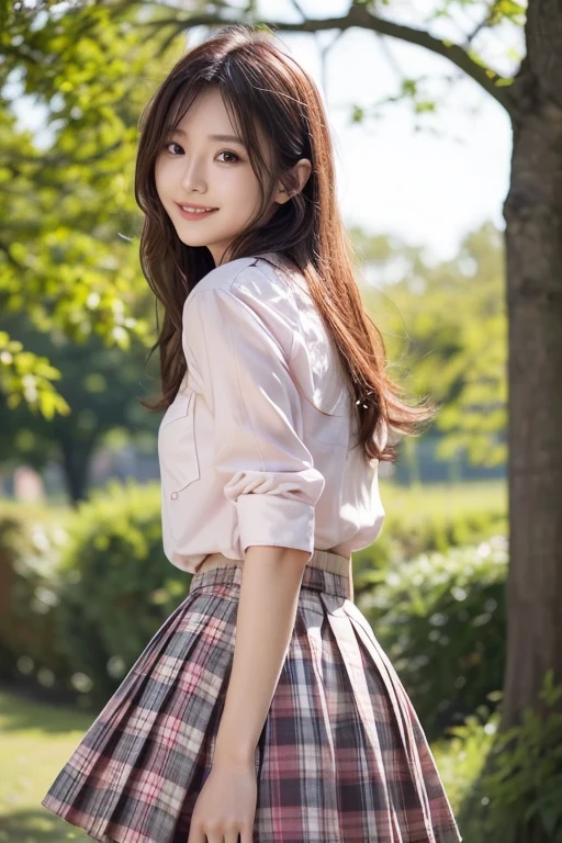 (Best-quality, Masterpiece, Ultra-High-Resolution, (Photorealistic:1.4), Raw Photo, depth of field, professional lighting, perfect anatomy, extremely details), 1girl, 15-years-old, the most famous Japanese idol, (wearing white blouse and light-green long-pleated-skirt), ((upturned ass):1.2), innocent smile