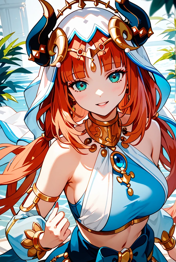 1girl, solo, absurdres,nilou (neither flower nor mist) (genshin impact), aqua eyes, nilou (genshin impact), fake horns, red hair, veil, long hair, crop top, jewelry, horns, bracer, brooch, long sleeves, puffy long sleeves, skirt, bangs, twintails, water, puffy sleeves, sky, neck ring, flower, harem outfit, gold trim, parted bangs, circlet, blue skirt, hair ornament, detached sleeves, low twintails, floating hair, gem, hair flower, blue gemstone, dancer, white headwear,stomach, midriff, cowboy shot, blue bow, very long hair
middle east architecture,Babylon,desert,oasis,pyramid, desert city, town square, complete with a central fountain and colorful banners,sunray,sunshine,ray tracing,palm tree,cactus,
(Realistic painting style:1.1), masterpiece, best quality, <lora:add_detail:1>, <lyco:GoodHands-beta2:1.5>,<lora:covered_nipples_v20:0.5>, <lora:nilou_1024:0.8>,
big breasts,beautify,sexy,abs:0.5,dynamic angle,full body,dancing, far view point,seductive smile or :d,