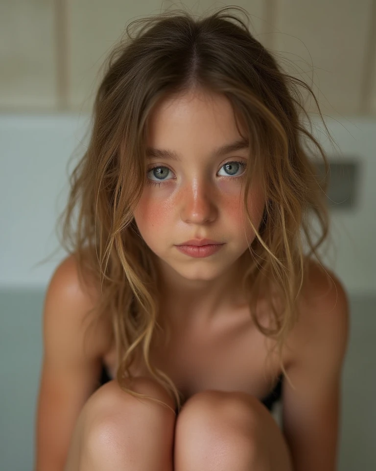 Young girl with long blonde hair wearing nothing, very blue eyes, boney, very skinny, smirking, in bath, all wet, baby face, big eyes