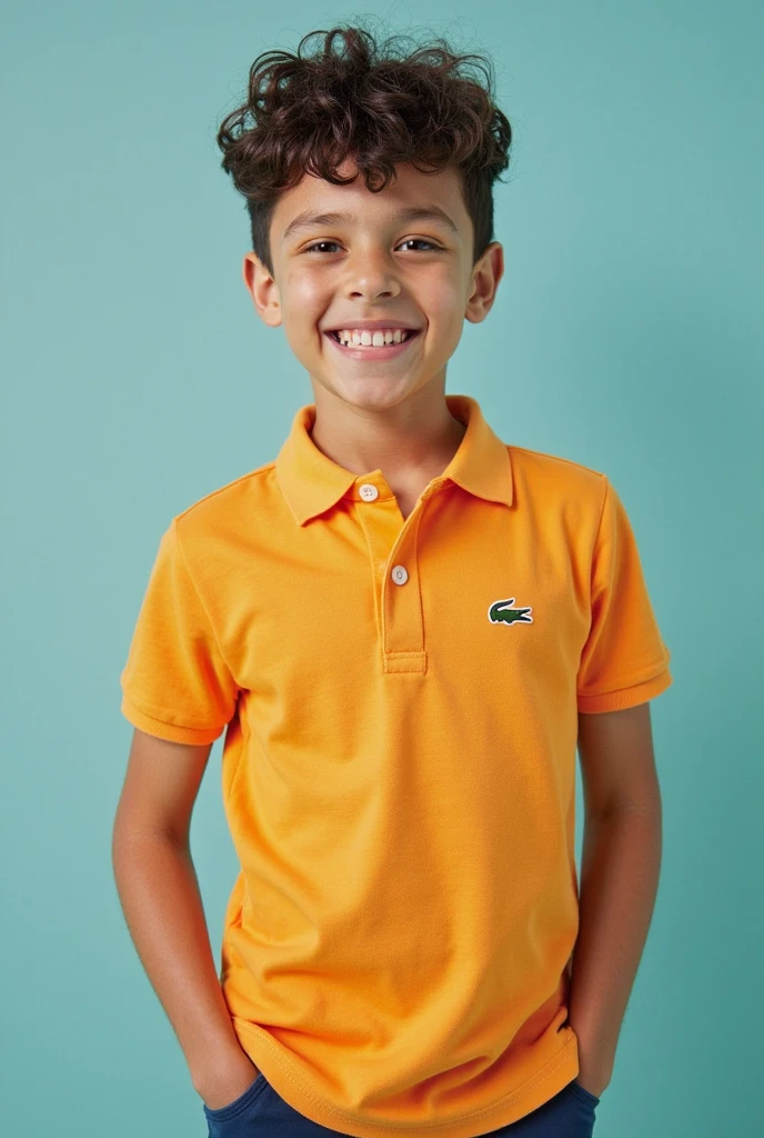 An 11 year old boy in a yellow polo shirt looking to the right 