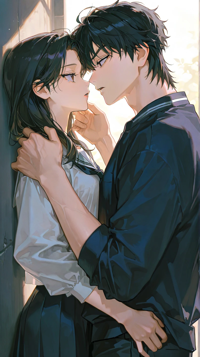 detailed illustration, dynamic angle, ultra-detailed, illustration, 1girl, 1boy, kissing, kiss, bedroom, , plaid skirt, white shirt, blue pants, arms pinned above her head, black hair, long black hair, evening, against the wall, girl pinned, girl against wall, girl's arms up, arms pinned against wall, boy holding girl's wrist, leg up