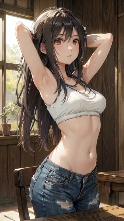 Tan-skinned anime girl, emaciated body, ribs visible, worn wrap cami top, frayed jean shorts, beads of sweat, hunger, gritty anime style, best quality, realism, high resolution, atmospheric, muted tones, cinematic lighting, sharp focus, depth of field, physically-based rendering, extreme detail, warped perspectives, textured, weathered.
An emaciated anime girl, tanned skin, ribcage evident, in a worn wrap cami top and frayed jean shorts. Sweat beads decorate her skin, signifying her hunger. Rendered in a gritty, anime style with a best-