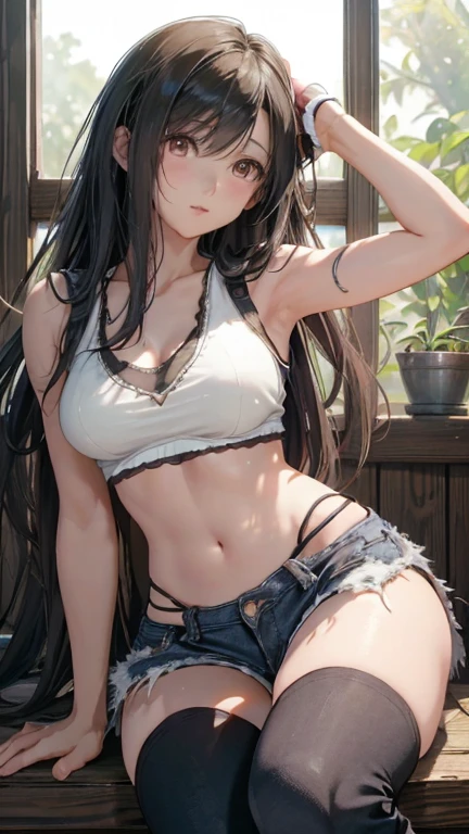 Detailed facial details,1 girl、Cat ear,Black long hair, Charming red eyes, Radiant Skin,red lips,Pure white bra,Denim shorts,White socks,Slim,Large Breasts,Facial details are very detailed, handcuffs,Collar,zoo,Sit on a tree branch