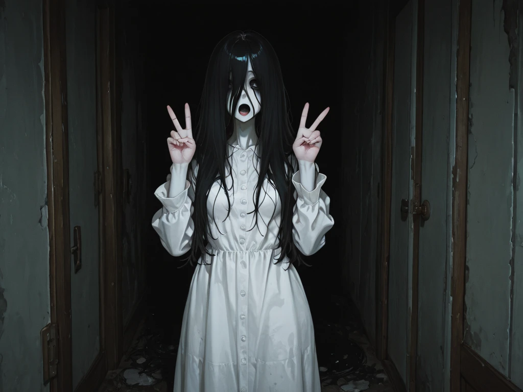 Realistic,1girl,long black hair covering face,standing in a decrepit hallway,white ethereal dress,barefoot,arms hanging limply at sides,blurry background showcasing peeling wallpaper and flickering lights,high-quality photo with a chilling,haunted atmosphere.,