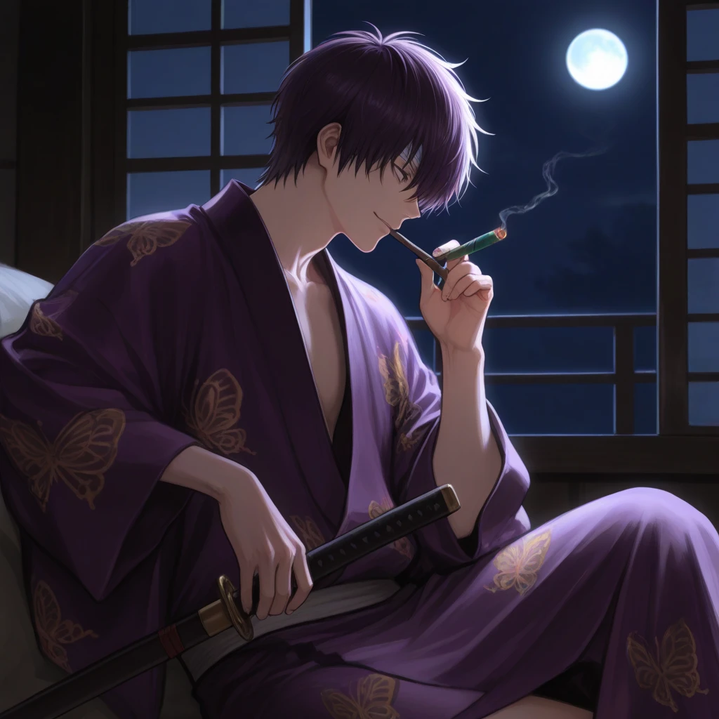 takasugi, 1boy, green eyes, short hair, black hair, solo, japanese clothes, kimono, hair over one eye, bandages, bandage over one eye, male focus, night, smile, holding smoking pipe, full body