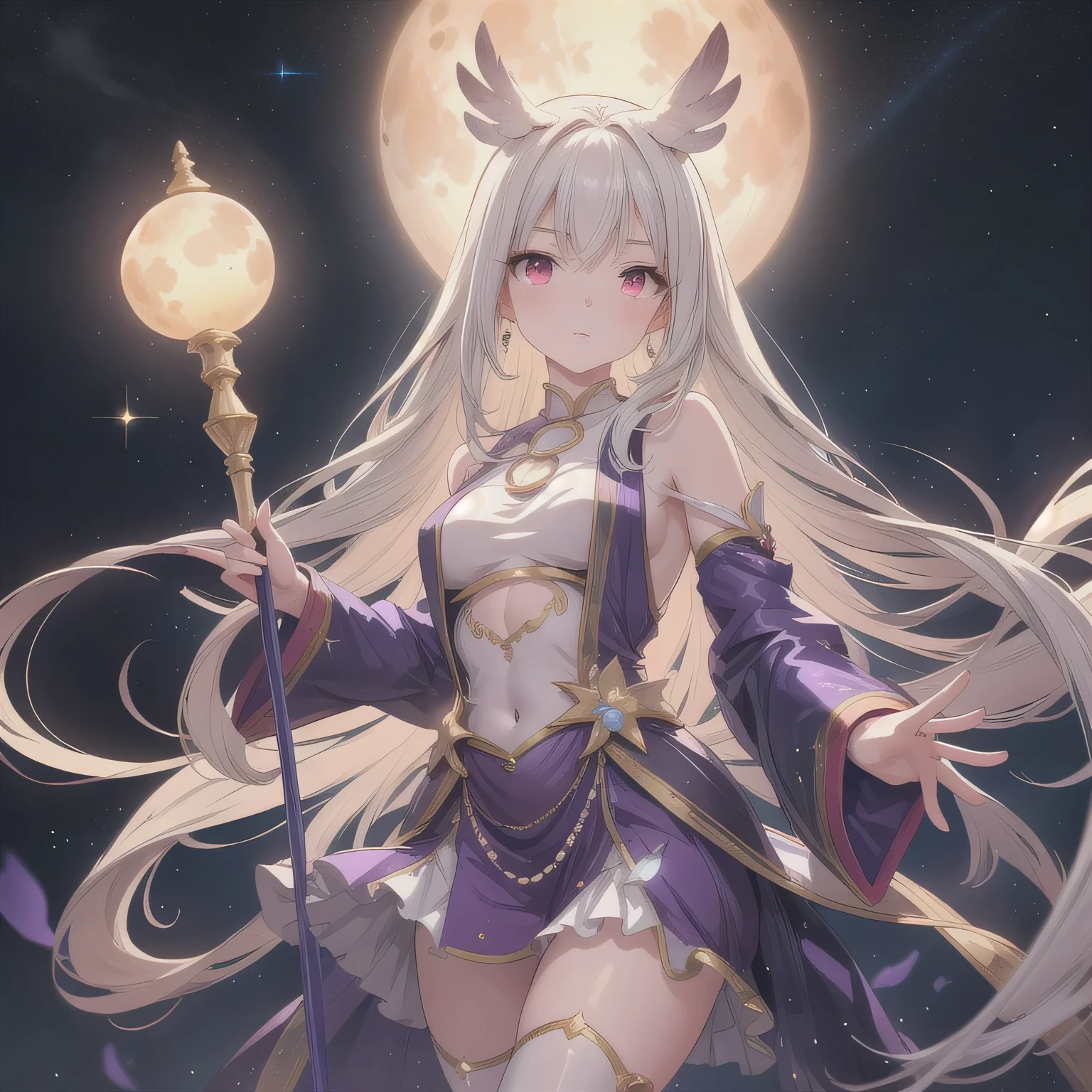 LeMalinMuse,1girl,masterclass,best quality, outdoors,city,smile, ballerina,ballet dress,   white pantyhose, ballerina, double bun,  tutu, le_malin_(muse)_(azur_lane) , idol, idol_clothes, see-through ,wing_hair_ornament, city, at night, under the big moon, arm behind back,  long sleeves, sitting,  covered_navel, star \(symbol\),