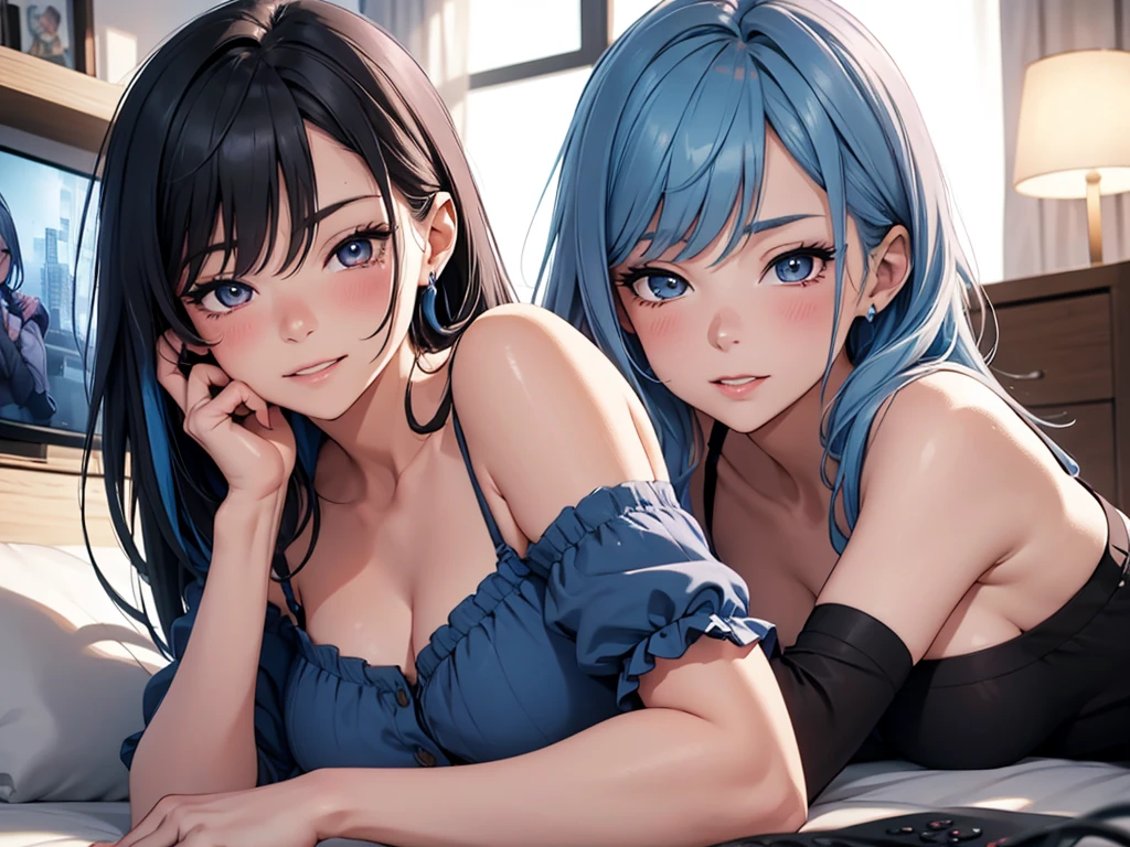masterpiece, lots of detail, 4k, 8k, ((ultra-detailed)), highres, soft lighting, 2girls, lounge, casual clothes, talking, {red hair|green hair|black hair|blue hair}, {ponytail|short hair|long hair|curly hair}