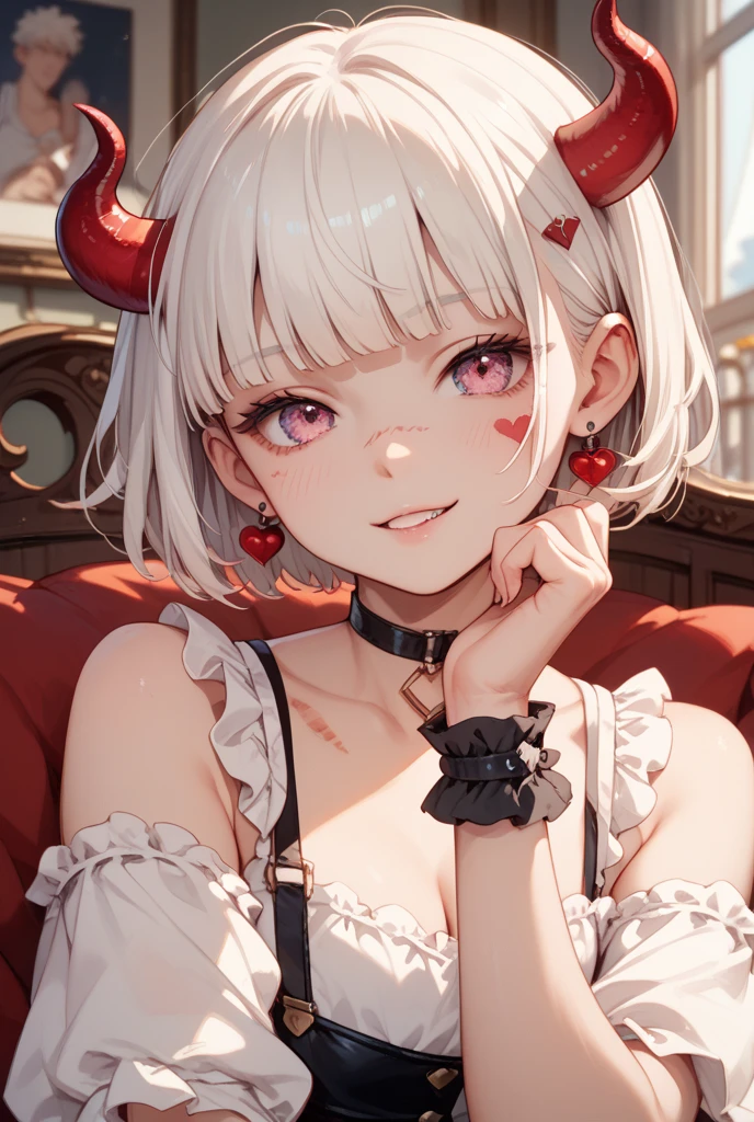 Cute little demon girl, in a cute summer dress with a floral pattern, flower in her hair, red claws on the fingers, sharp teeth, showing thumbs up, in a beautiful park, Shooting from a high angle, Intricate, Detailed, Cinematic, trending on pixiv, 4k