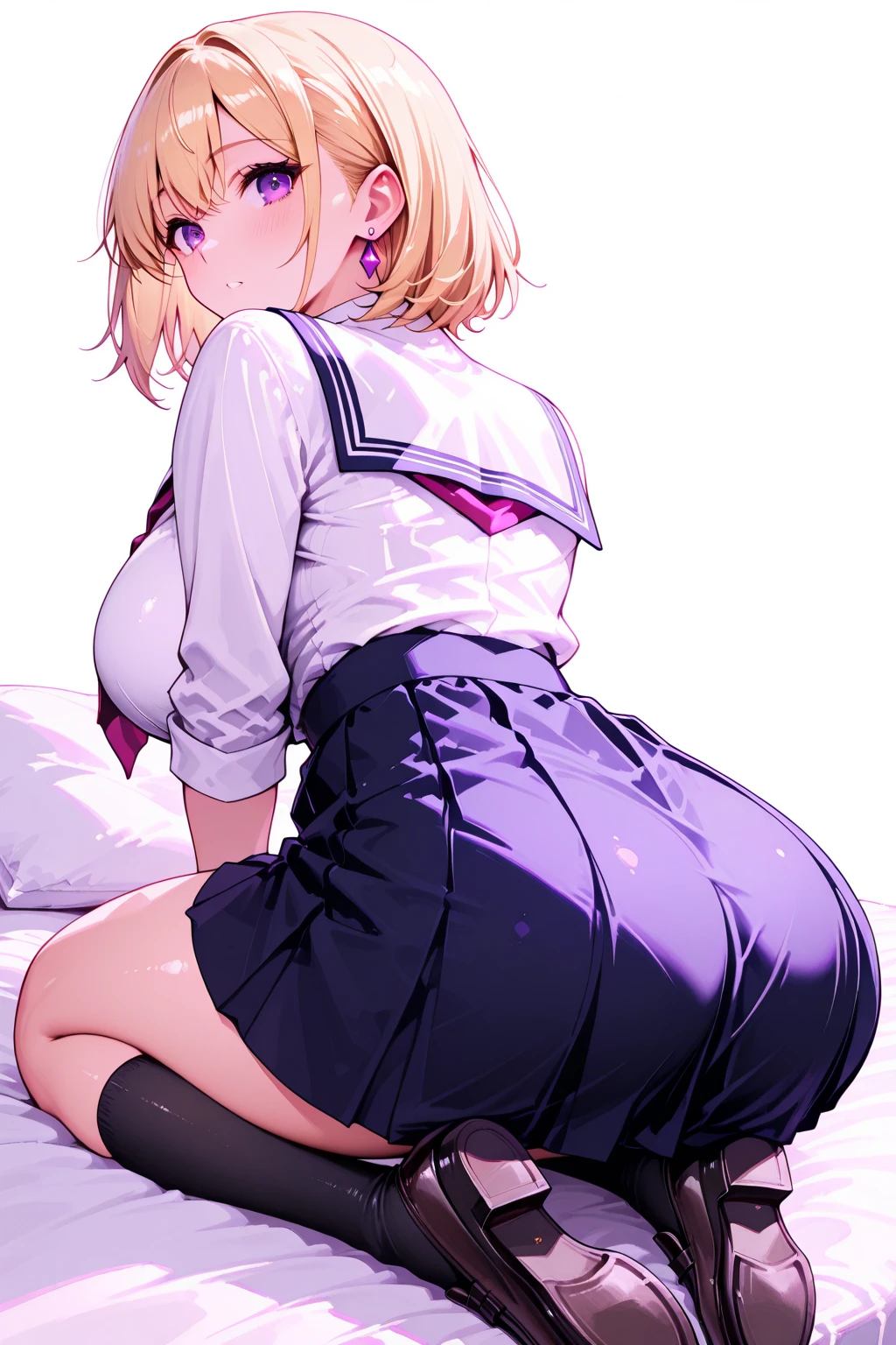 erinanakiri, erina nakiri, blonde hair, (medium breasts:1.2), (purple eyes:1.5), BREAK bow, red bow, skirt, thighhighs, school uniform, jacket, pleated skirt, black thighhighs, zettai ryouiki, plaid, plaid skirt, blazer, BREAK looking at viewer, BREAK outside, BREAK (masterpiece:1.2), best quality, high resolution, unity 8k wallpaper, (illustration:0.8), (beautiful detailed eyes:1.6), extremely detailed face, perfect lighting, extremely detailed CG, (perfect hands, perfect anatomy),(white panties:1.5), (ass:1.5), kneeling, leaning forward, body tilt, small breasts, (short, tiny, little:1.5), blush, embarrassed, from below, from back, cowboy shot, spread legs, dutch angle