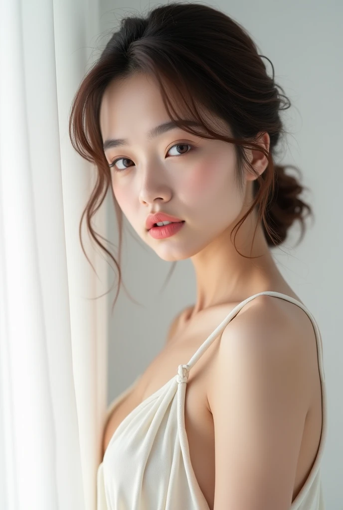 (Highly realistic photos, High resolution, Detailed face, Beautiful Eyes), Photographed in front of a white wall、Japanese women, 40 years old, Serious expression, alone:1, , ((ponytail、Updo, short hair)), White skin, light makeup, Chest 40 inches, Ample breasts、naked、Serious expression、White wall background, Upper body portrait, 超High resolution、Bright white light illumination