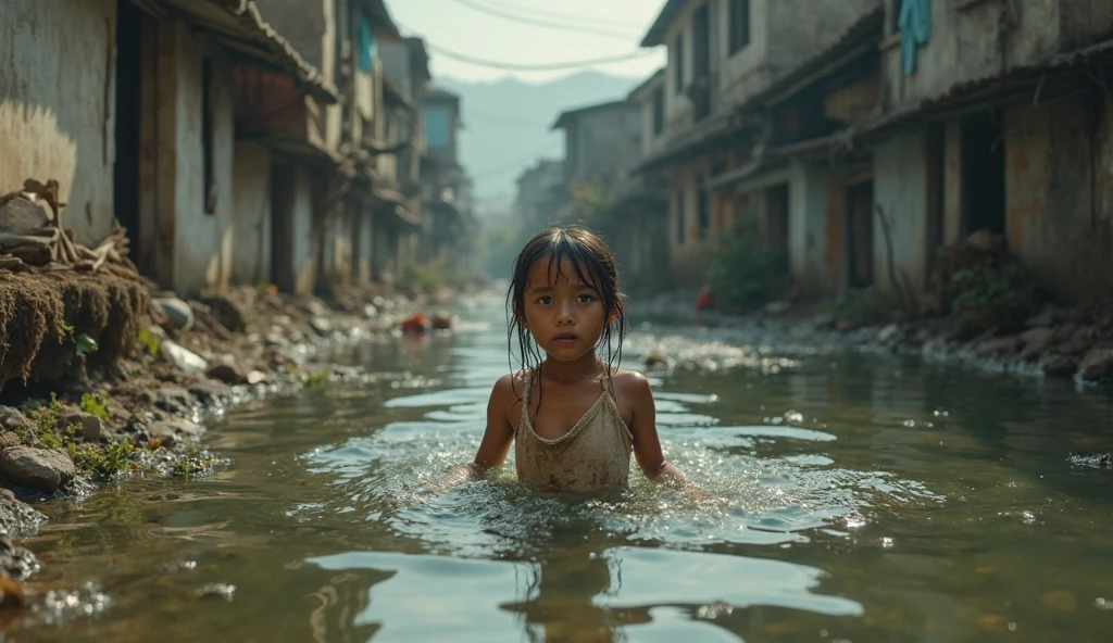 A poor little child is crying in the water