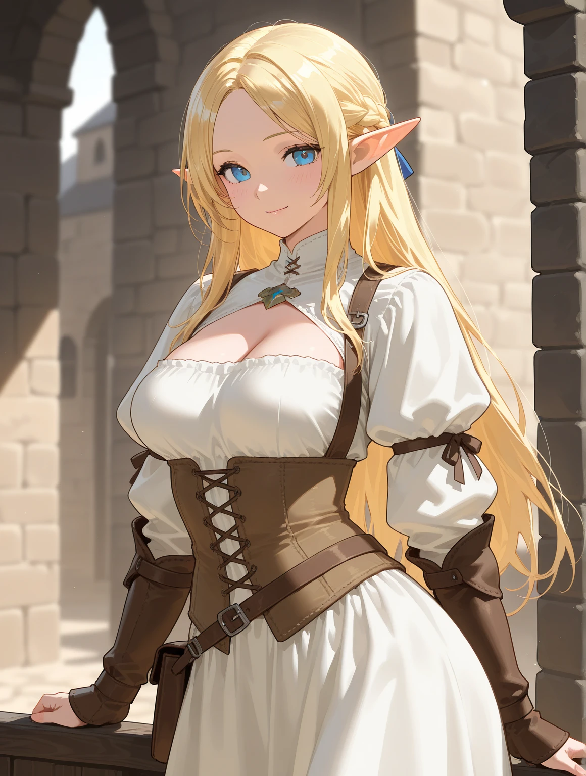 High resolution, Very detailed, perfect lighting, beautiful detailed eyes, ((masterpiece,Best Quality)), absurdities, alone, princess zelda, by the width, crown braid, Hair clip, pointy ears, corset azul, long sleeves, Gloves without fingers, black gloves, Black pants, tight pants, smile, curves, nod, , deep neckline, deep neckline, bare breasts, bare breasts, NSFW, corset azul